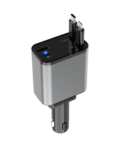 Ethoscase  Retractable Car Charger, 120W Super Fast Car Charger with Cables, Type C & USB-A Ports, USB-C & Lightening Retractable Cables (80cm),Compatible with iPhones,iPad, & Type C Android Phones