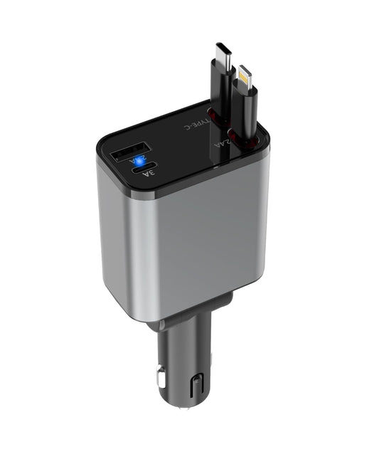 Ethoscase  Retractable Car Charger, 120W Super Fast Car Charger with Cables, Type C & USB-A Ports, USB-C & Lightening Retractable Cables (80cm),Compatible with iPhones,iPad, & Type C Android Phones