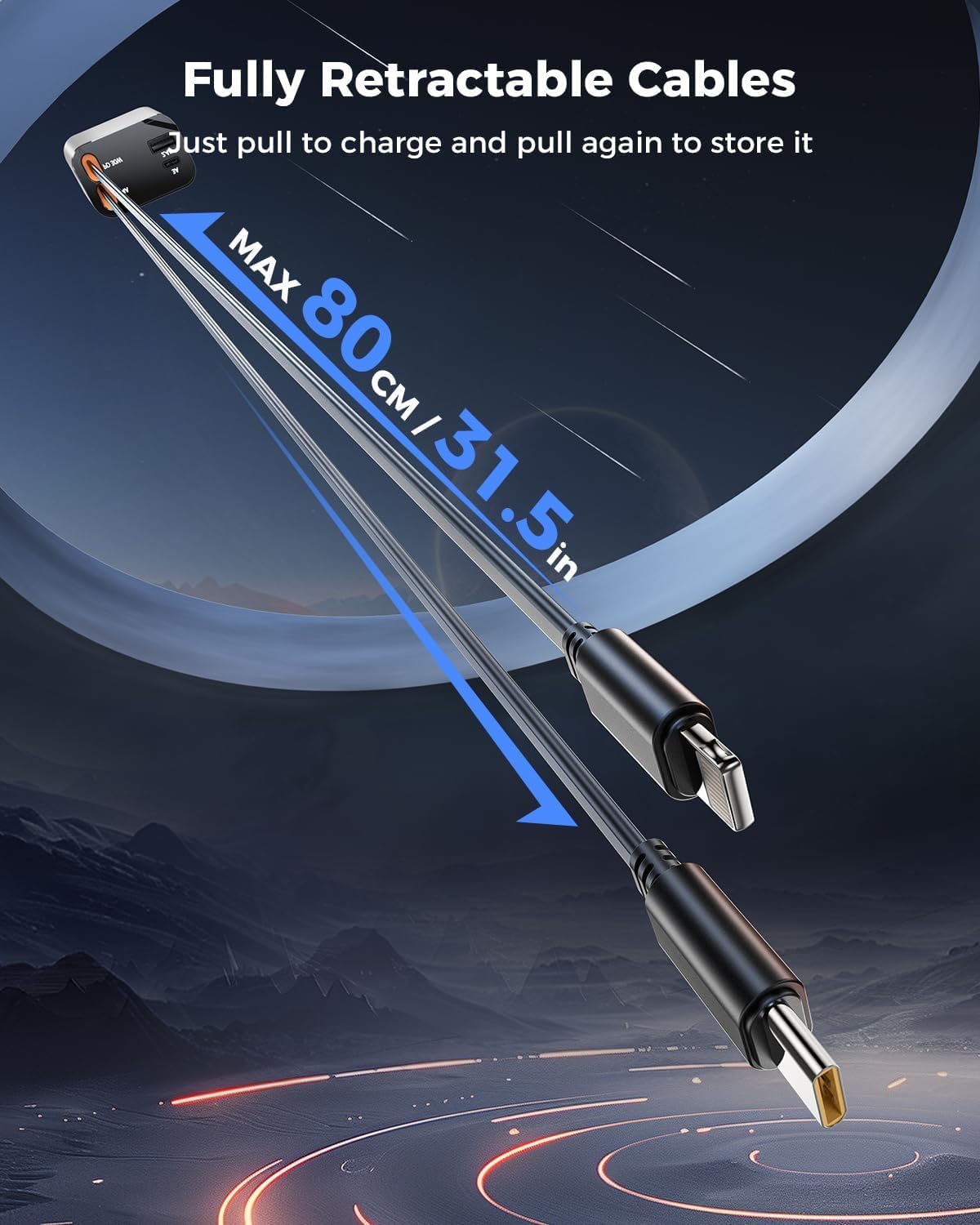 Ethoscase  Retractable Car Charger, 120W Super Fast Car Charger with Cables, Type C & USB-A Ports, USB-C & Lightening Retractable Cables (80cm),Compatible with iPhones,iPad, & Type C Android Phones