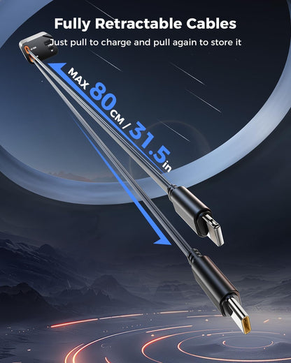 Ethoscase  Retractable Car Charger, 120W Super Fast Car Charger with Cables, Type C & USB-A Ports, USB-C & Lightening Retractable Cables (80cm),Compatible with iPhones,iPad, & Type C Android Phones