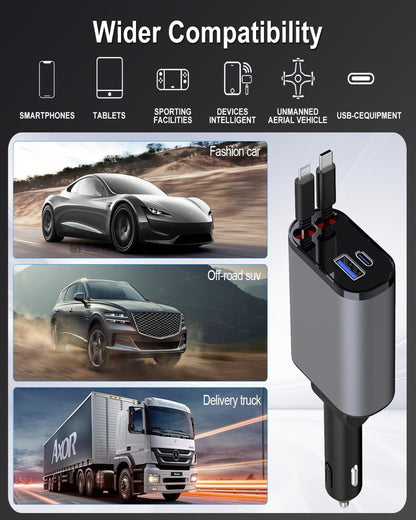 Ethoscase  Retractable Car Charger, 120W Super Fast Car Charger with Cables, Type C & USB-A Ports, USB-C & Lightening Retractable Cables (80cm),Compatible with iPhones,iPad, & Type C Android Phones