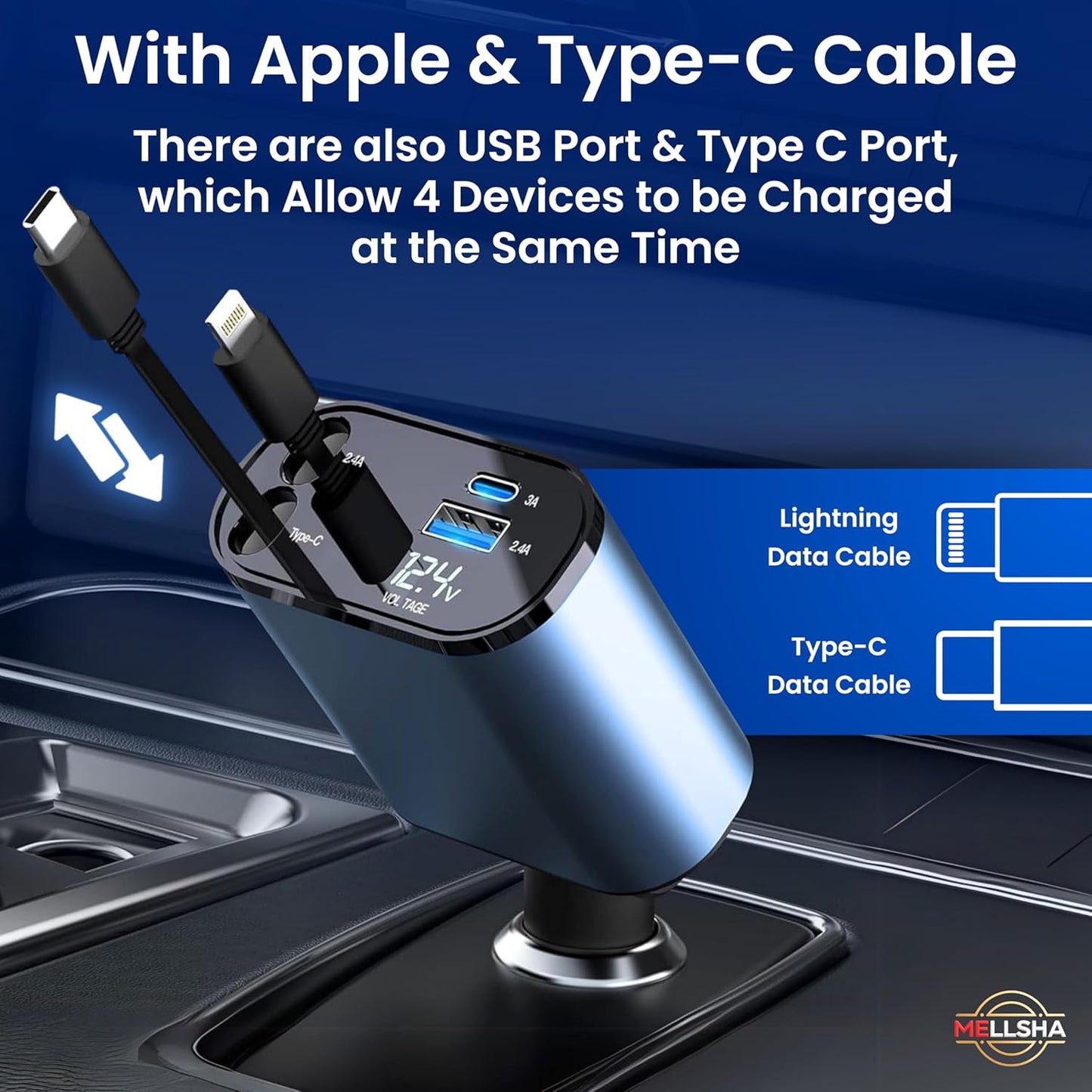 Ethoscase  Retractable Car Charger, 120W Super Fast Car Charger with Cables, Type C & USB-A Ports, USB-C & Lightening Retractable Cables (80cm),Compatible with iPhones,iPad, & Type C Android Phones